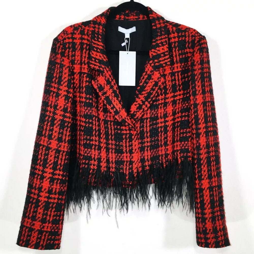 NEW Antonio Melani Sz 18 Double Breasted Short Tweed Chloe Jacket Feather Fringe